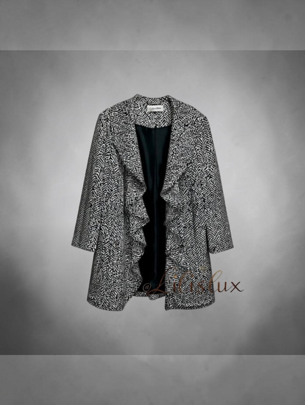 Calvin Klein 18W Black And White Ruffle Front Jacket Fully Lined EUC